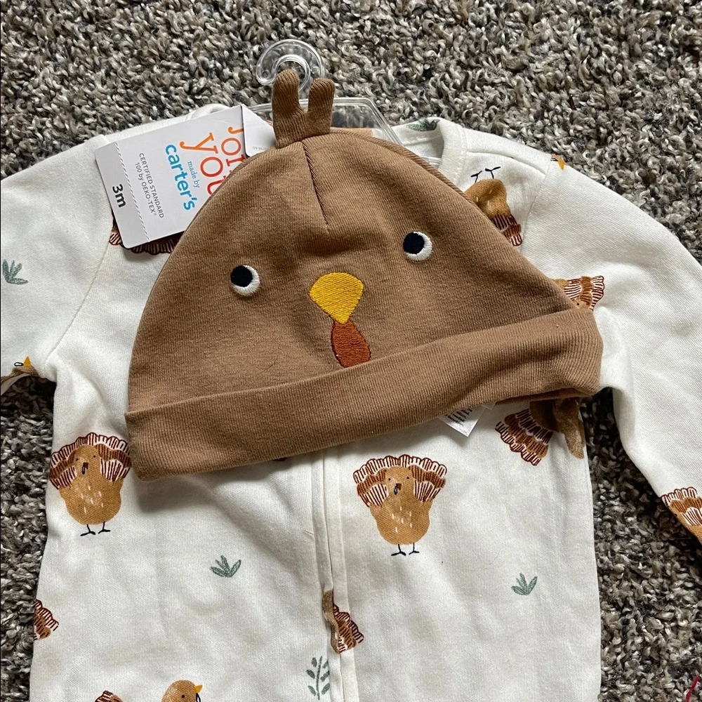 Carters NWT turkey thanksgiving Kids One Piece sleeper hat set 3m baby infant
